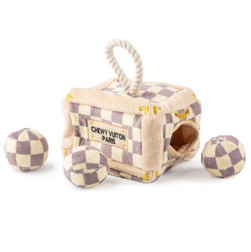 Checker Chewy Vuiton Trunk - Activity House Burrow Dog Toy - Gideon and Sadie Posh Dogs